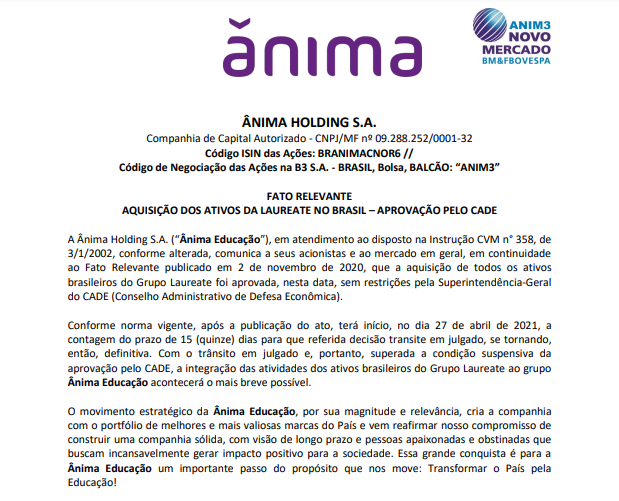 Órgão regulador aprova aquisição da Laureate pela Ânima Holding