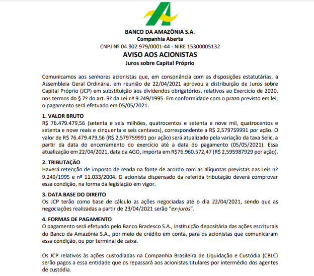 Banco da Amazônia anuncia pagamento de juros sobre capital próprio (JCP).