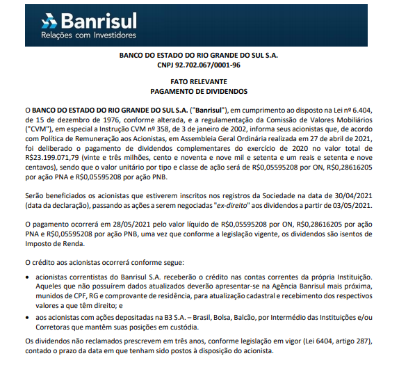 Banrisul anuncia pagamento de dividendos aos acionistas 