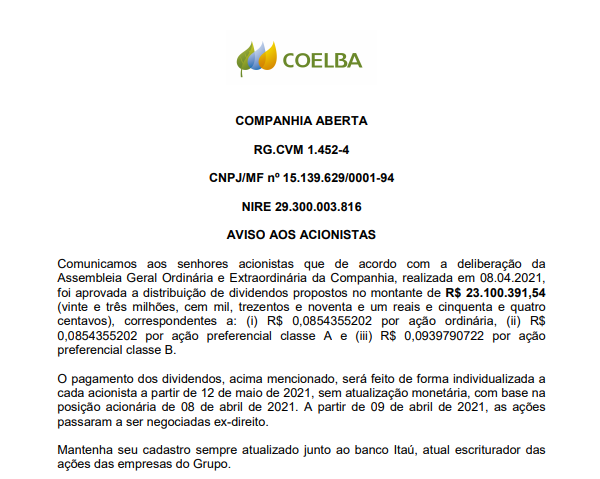 Coelba anuncia pagamento de dividendos aos acionistas 