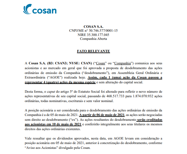 Cosan anuncia desdobramento de ações em 1 para 4