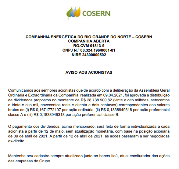 Cosern anuncia pagamento de dividendos aos acionistas