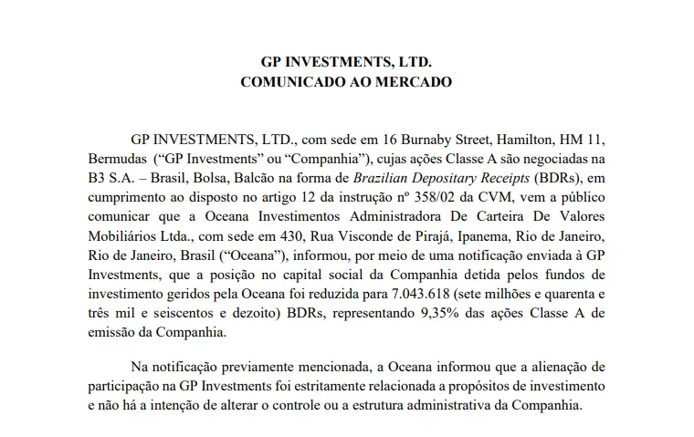 Oceana Investimentos reduz posição no capital social da GP Investments