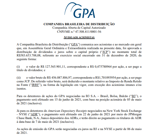 GPA anuncia pagamento de R$584 mi em dividendos e JCP