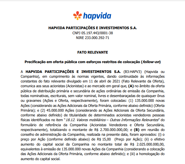 Hapvida informa sobre oferta pública de distribuição primária e secundária 