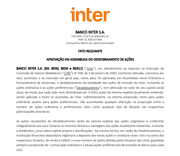 Banco Inter anuncia desdobramento de ações em 3 para 1
