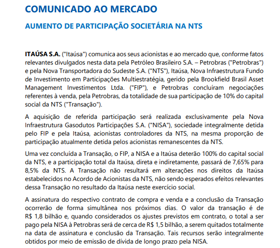Itaúsa anuncia aumento de participação societária na Nova Transportadora do Sudeste