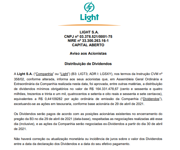 Light anuncia distribuição de dividendos aos acionistas 