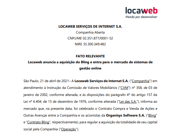 Locaweb (LWSA3) anuncia aquisição do Bling, do segmento de gestão online