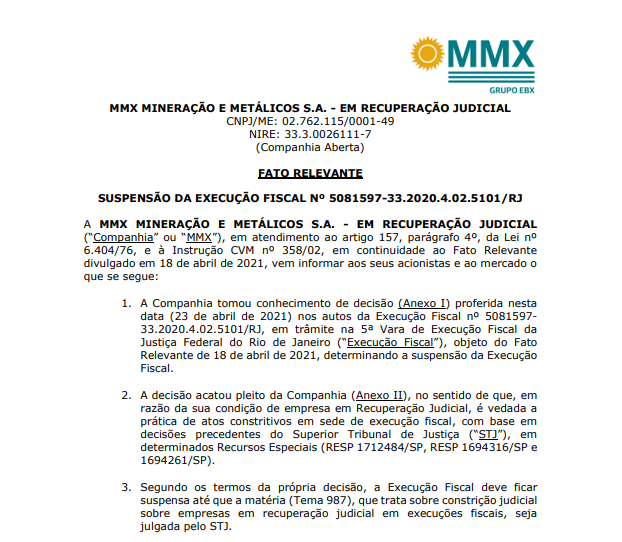 MMX Mineração informa sobre suspensão de execução fiscal