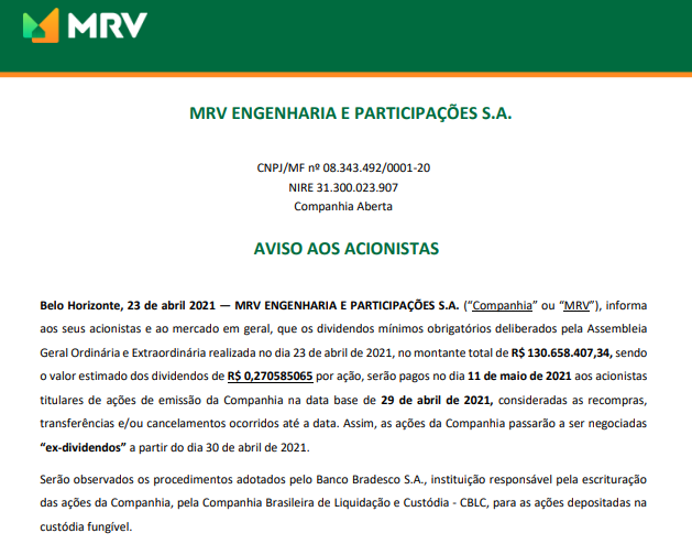 MRV anuncia pagamento de dividendos em 11 de maio