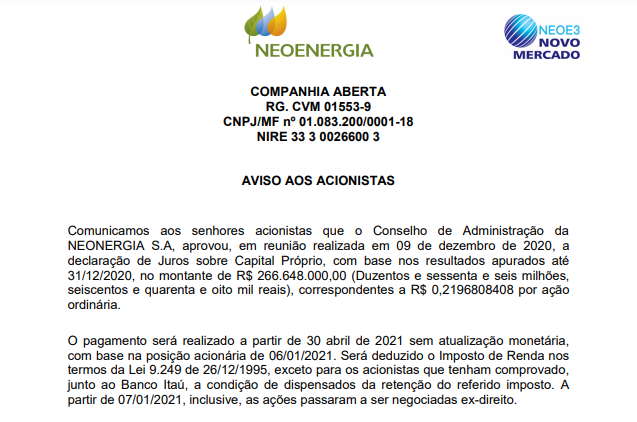 Neoenergia anuncia pagamento de juros sobre capital próprio (JCP)