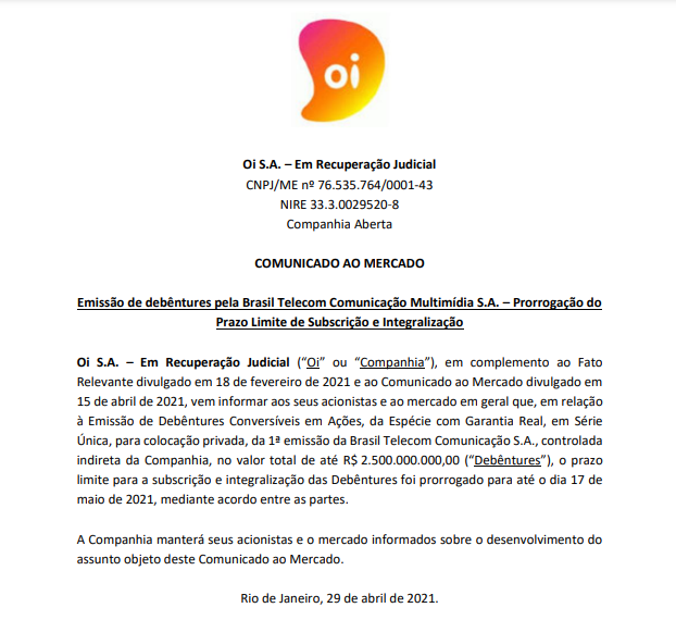 Oi anuncia emissão de debêntures pela Brasil Telecom Comunicação Multimídia