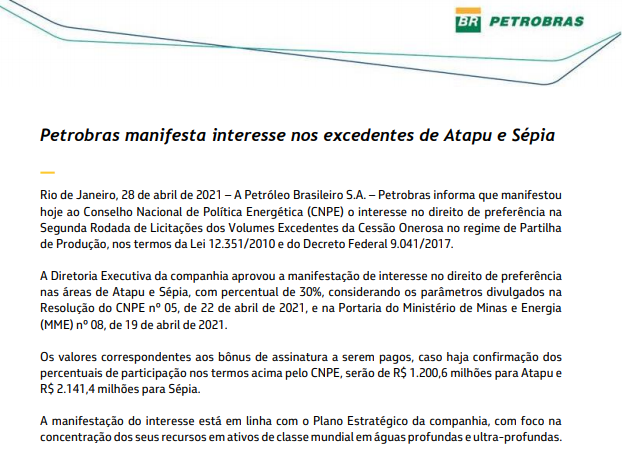 Petrobras manifesta interesse nos excedentes de Atapu e Sépia