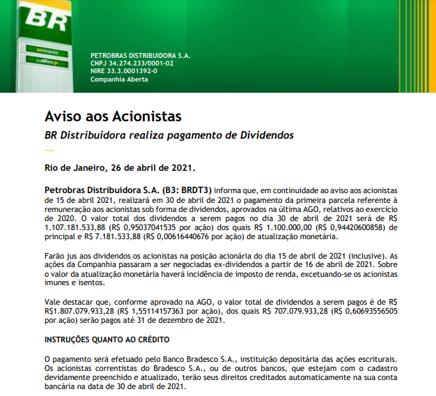 Petrobras anuncia pagamento de dividendos aos acionistas 