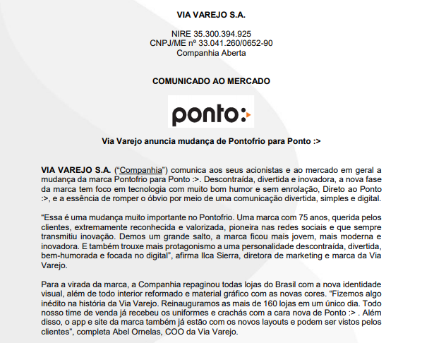 Via Varejo anuncia mudança de Pontofrio para Ponto :>