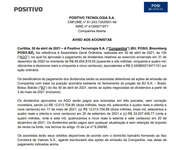 Positivo anuncia pagamento de dividendos aos acionistas 