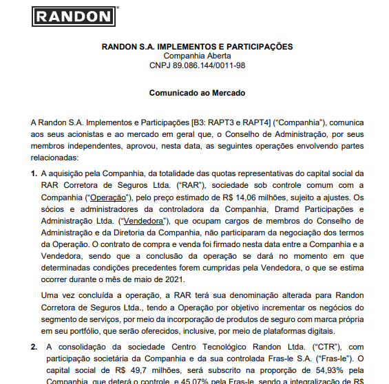 Randon anuncia aquisição da RAR Corretora por R$14 mi