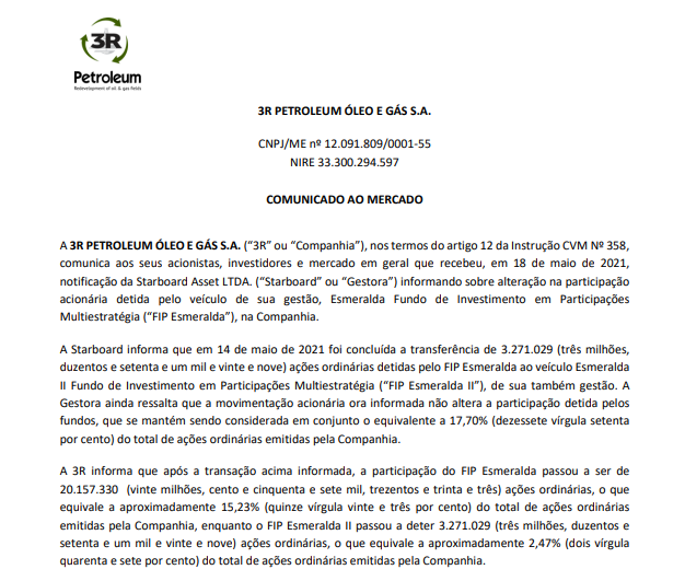 3R Petroleum: Starboard Asset informa movimentação acionária na petroleira