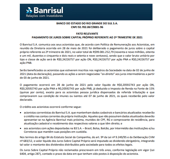 Banrisul anuncia pagamento de R$99 mi em juros sobre capital próprio