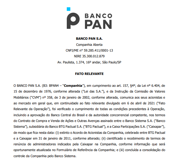 BTG Pactual finaliza aquisição de participação no Banco Pan