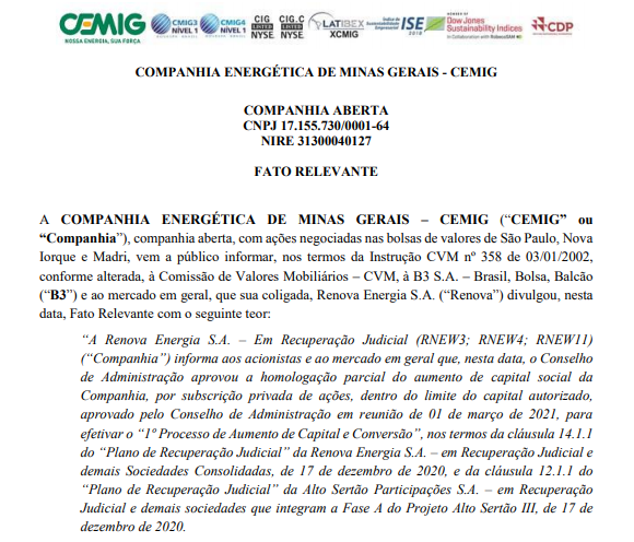 Cemig anuncia homologação parcial do aumento de capital social da Renova Energia