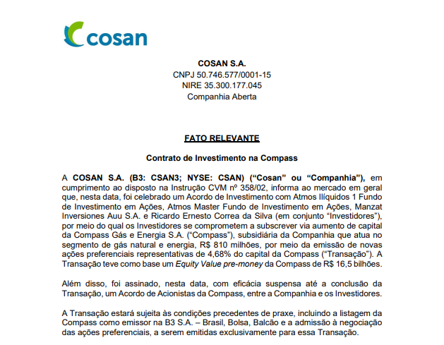 Cosan anuncia acordo de investimento para subscrever R$810 mi em ações preferenciais 