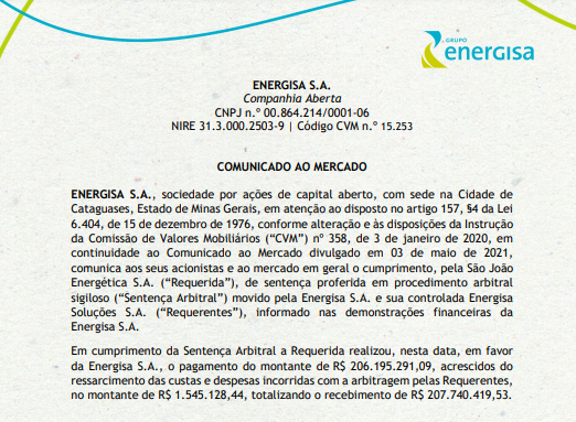 Energisa recebe R$206 mi da São João Energética referente a procedimento arbitral