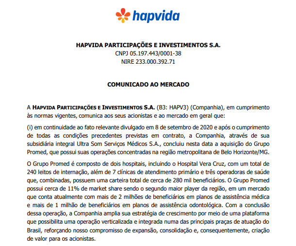 Hapvida conclui aquisição do Grupo Promed, de Belo Horizonte