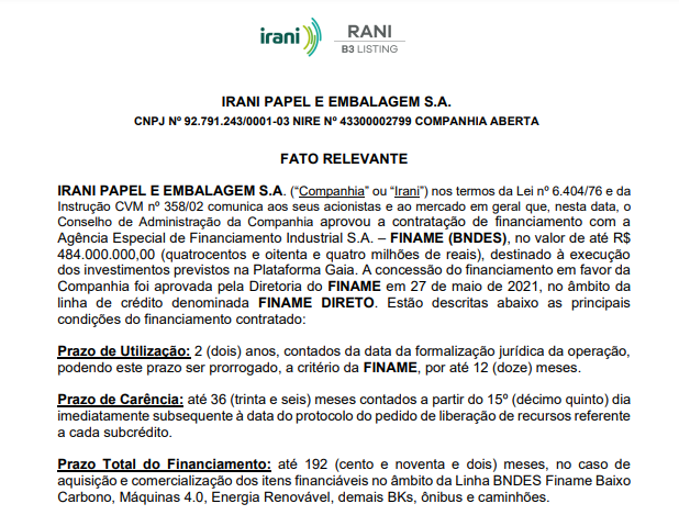 Irani contrata financiamento de R$484 mi junto a Finame