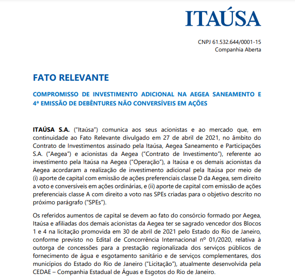 Itaúsa anuncia compromisso de investimento adicional na Aegea e emissão de ações