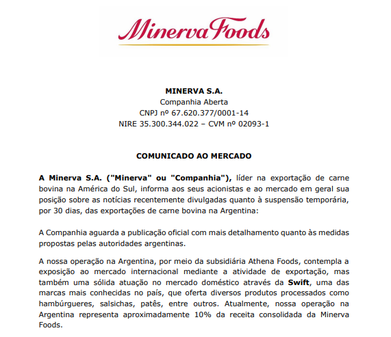 Argentina suspende exportações de carne e medida afeta operações da Minerva