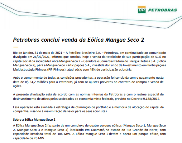 Petrobras anuncia conclusão de venda da Eólica Mangue Seco 2