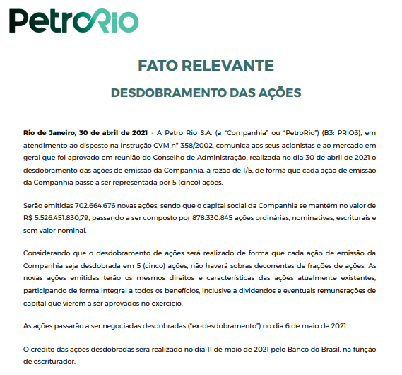 PetroRio anuncia desdobramento de ações na proporção de 1 para 5