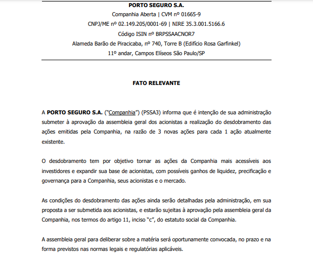 Porto Seguro anuncia desdobramento de ações