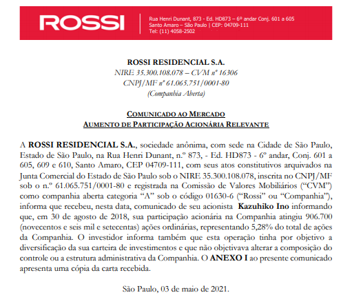 Rossi Residencial anuncia aumento de participação acionária 