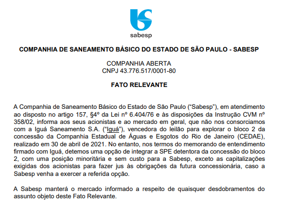 Sabesp detém opção para integrar bloco 2 do consórcio que venceu leilão da Cedae