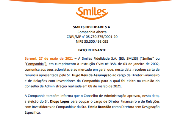 Smiles recebe carta de renúncia do diretor-financeiro e de RI
