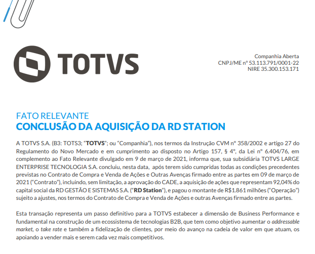 Totvs conclui aquisição da catarinense RD Station
