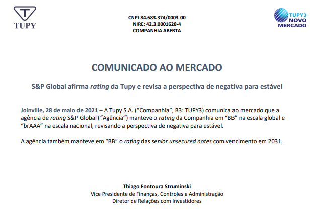 Agência de classificação S&P Global mantém rating de BB para a Fundição Tupy