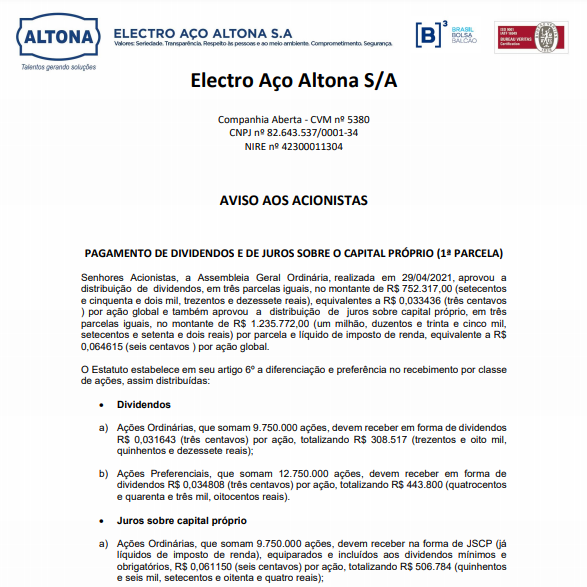 Eletro Aço Altona anuncia pagamento de dividendos e juros sobre capital próprio 