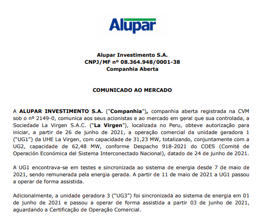 Alupar anuncia que sua controlada no Peru obteve autorização para operar