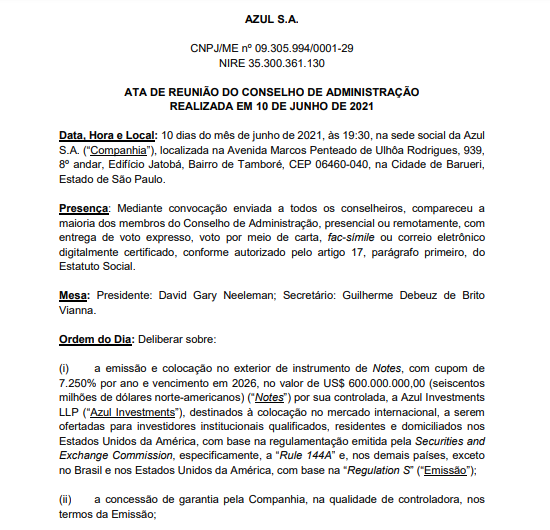 Azul anuncia emissão de notes no exterior no valor de US$600 mi