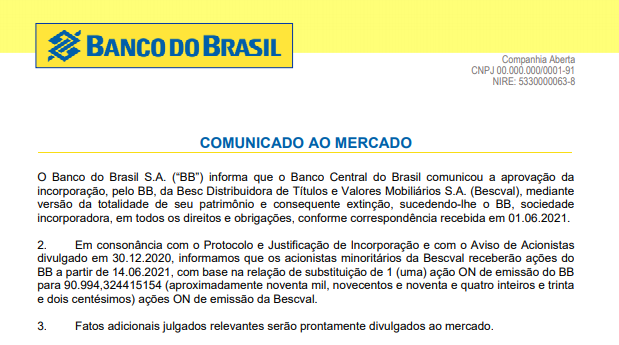 Banco do Brasil incorpora, definitivamente, a Bescval Distribuidora de Valores 