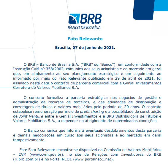 Banco De Brasília e Genial Investimentos assinam parceria para gestão de terceiros 
