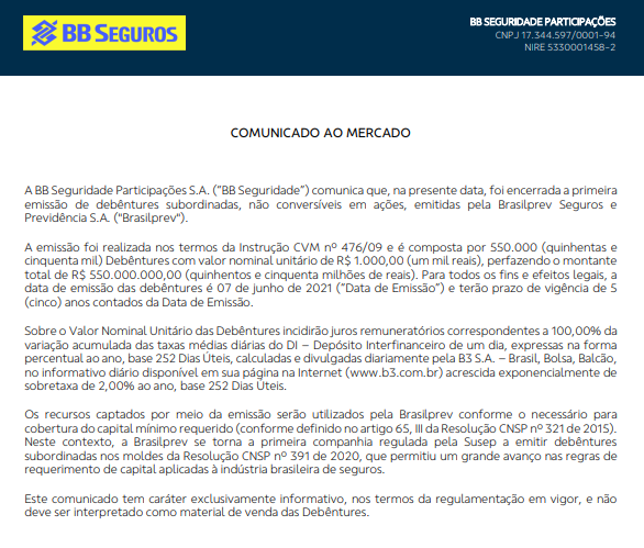 BB Seguridade encerra 1ª emissão de debêntures da Brasilprev