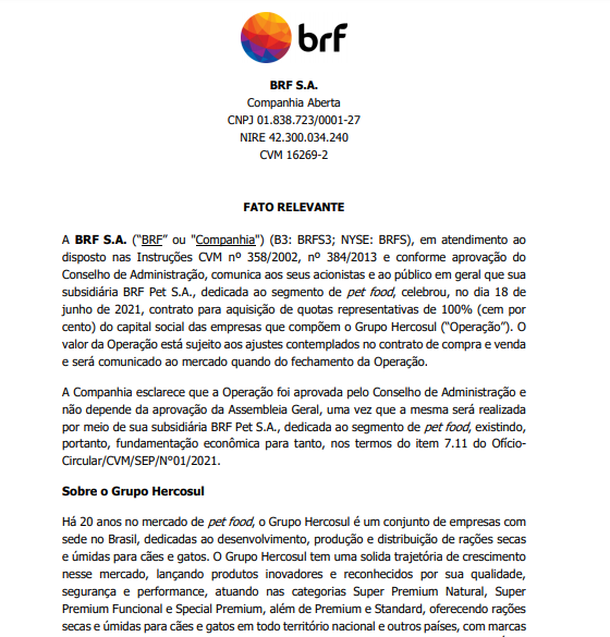 BRF anuncia contrato de aquisição das empresas do Grupo Hercosul