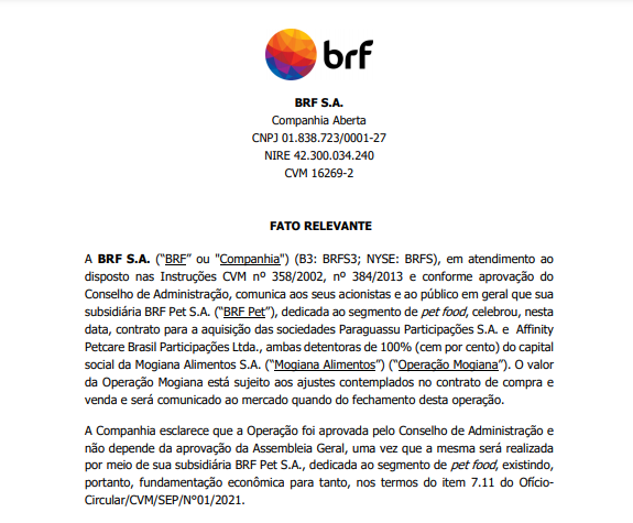 BRF anuncia aquisição da campinense Mogiana Alimentos