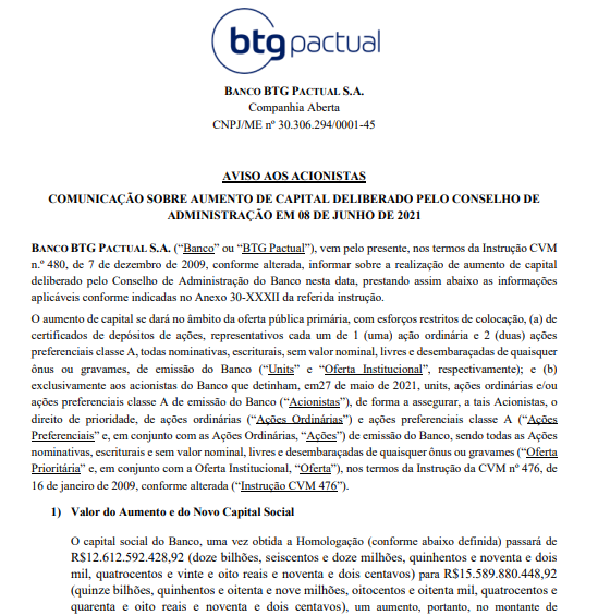 BTG anuncia oferta primária e o capital vai passar de R$12 bi para mais de R$ 15 bi