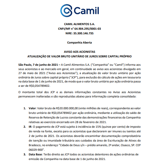 Camil anuncia pagamento de juros sobre capital próprio (JCP) aos acionistas 